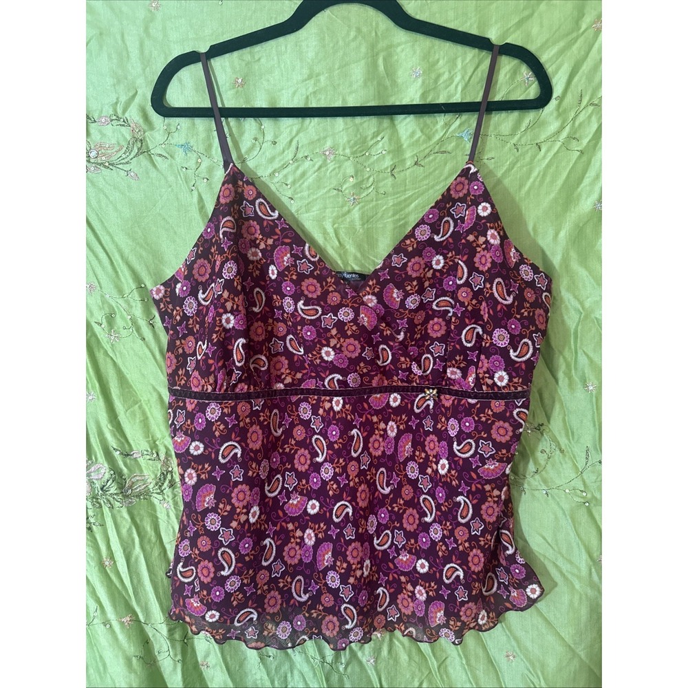 Daisy Fuentes Y2K Camisole Floral Paisley Burgundy Lined Embellishment Size XL